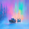 A painting of reindeer and a sleigh in a misty, colorful winter landscape with vibrant pink and blue light.