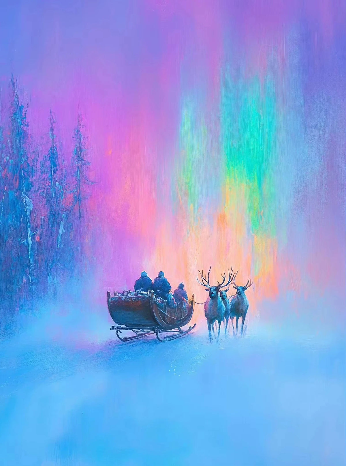 A painting of reindeer and a sleigh in a misty, colorful winter landscape with vibrant pink and blue light.