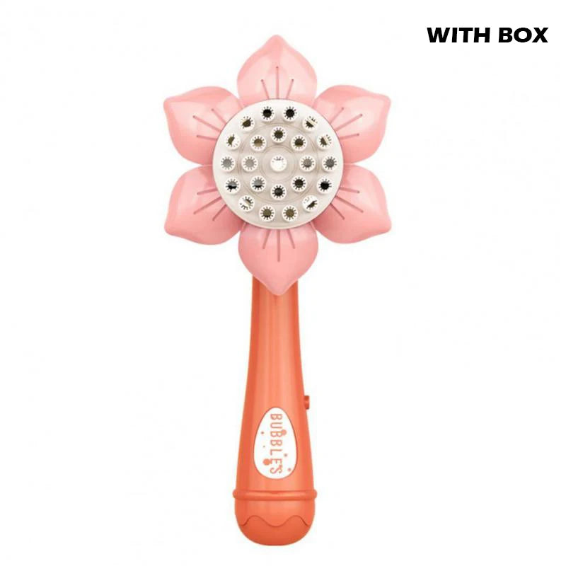 An orange electric bubble blower toy with a pink flower head and a disk of bubbles.