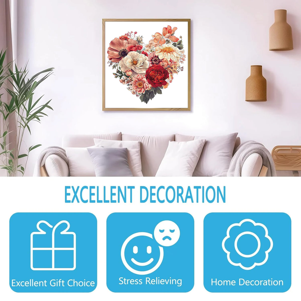 A framed floral painting of roses and peonies displayed above a sofa with soft pillows.