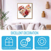 A framed floral artwork displayed on a white wall above a sofa, with icons suggesting excellent gift choice, stress relief, a
