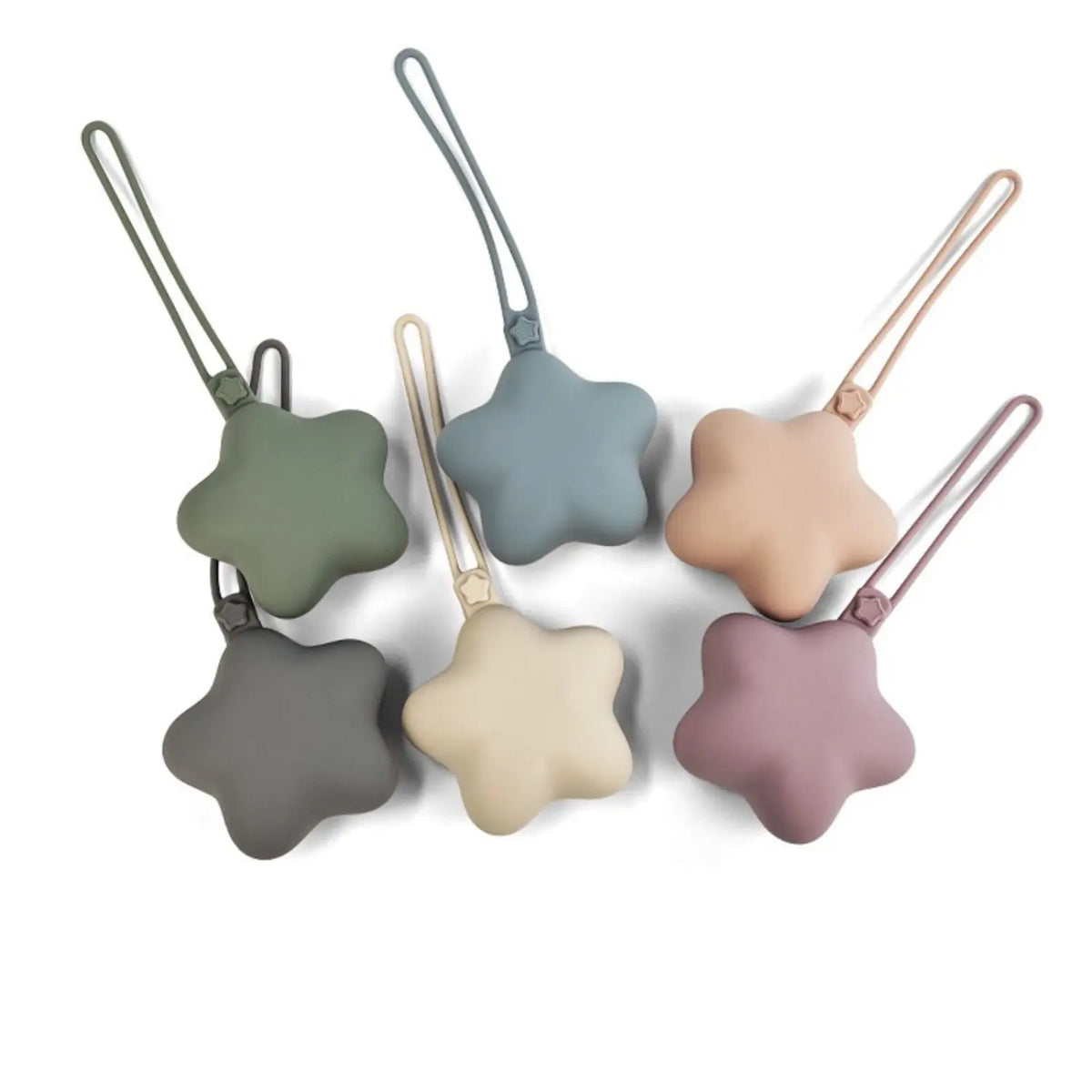 A set of five portable pacifiers and teethers in various pastel colors attached to straps.