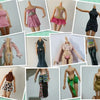 A collection of various doll fashion sets featuring dresses, outfits, and accessories.