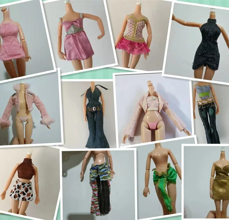 A collection of various doll fashion sets featuring dresses, outfits, and accessories.