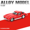 A red diecast model of a classic car in 1:32 scale with pull-back action and opening doors.