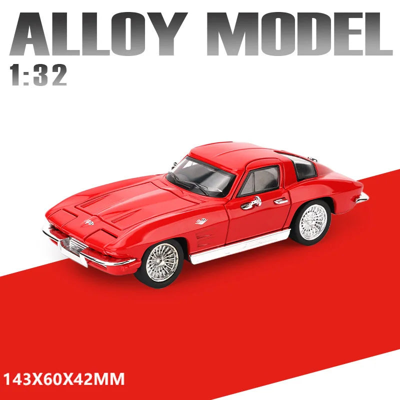 A red diecast model of a classic car in 1:32 scale with pull-back action and opening doors.