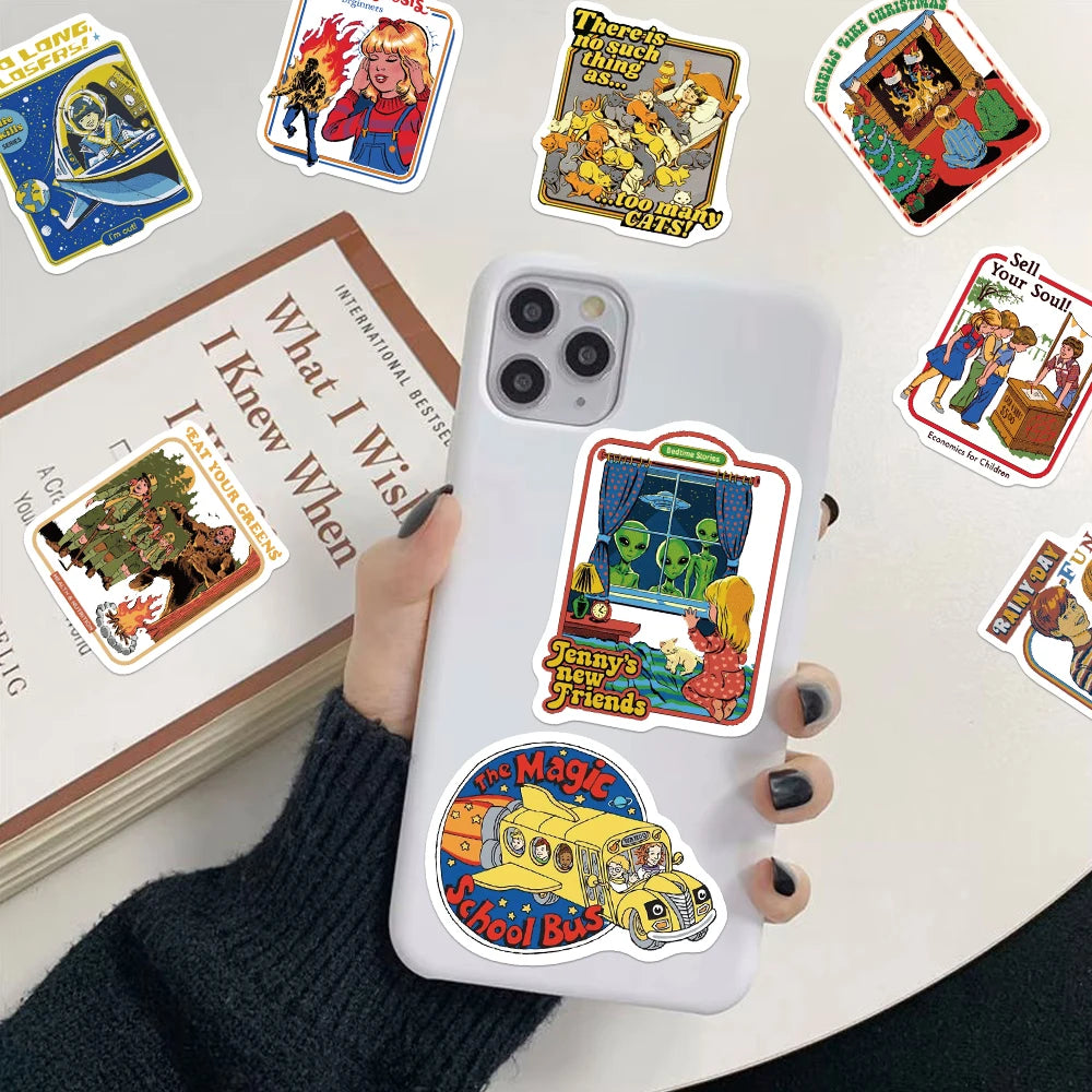 A white phone features various colorful retro food art stickers and themed decals.