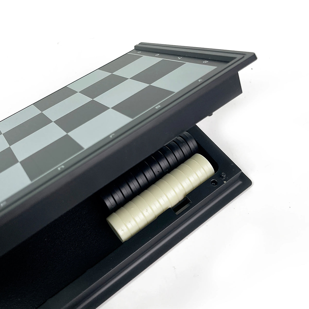 A foldable magnetic checkers board game set with a dark gray and white checkered surface inside a black case.