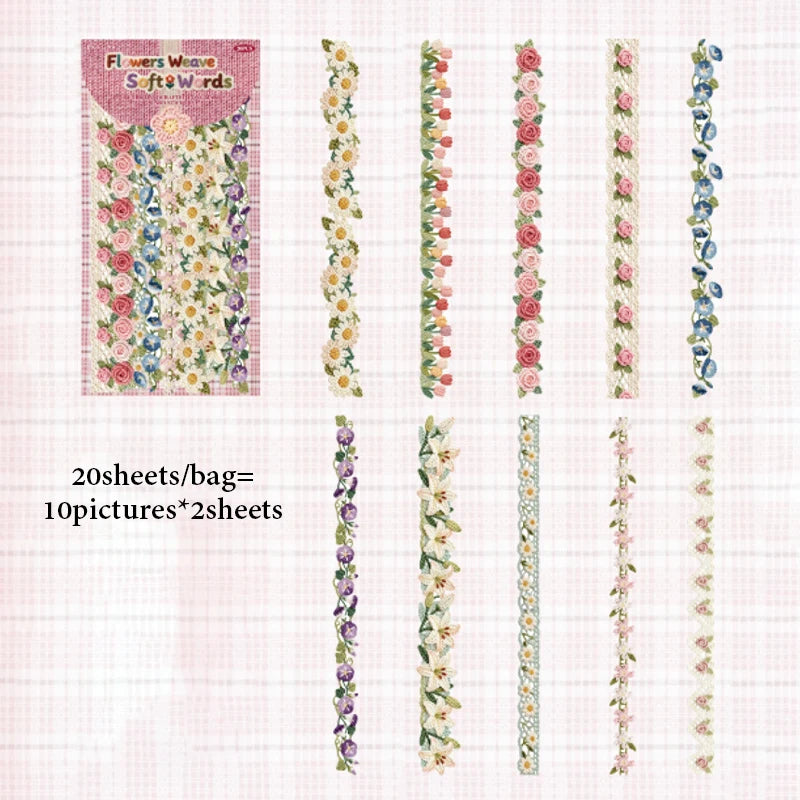 A collection of 20 fabric-textured sticker strips featuring floral designs in various colors and shades.
