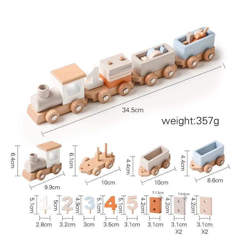 A wooden train set with numbered cars made of light wood and gray plastic, showing various sizes and components.