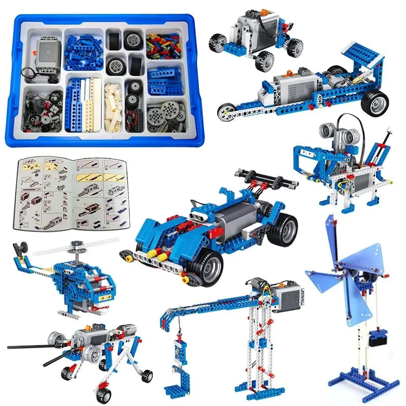 A collection of blue and black STEM robotics engineering building kits, including various mechanical and electronic component