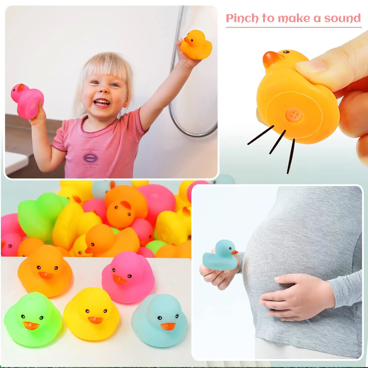 Assorted mini silicone rubber ducks in various colors are shown being pinched to make a sound.