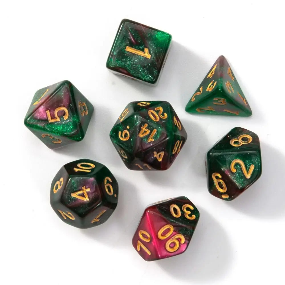 A set of seven polyhedral acrylic dice showing various numbers and colors like green, purple, and red.