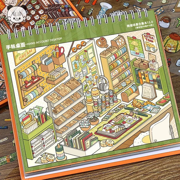 A colorful 10-in-1 desktop organizer and scrapbook sticker set featuring various stationery and craft items.