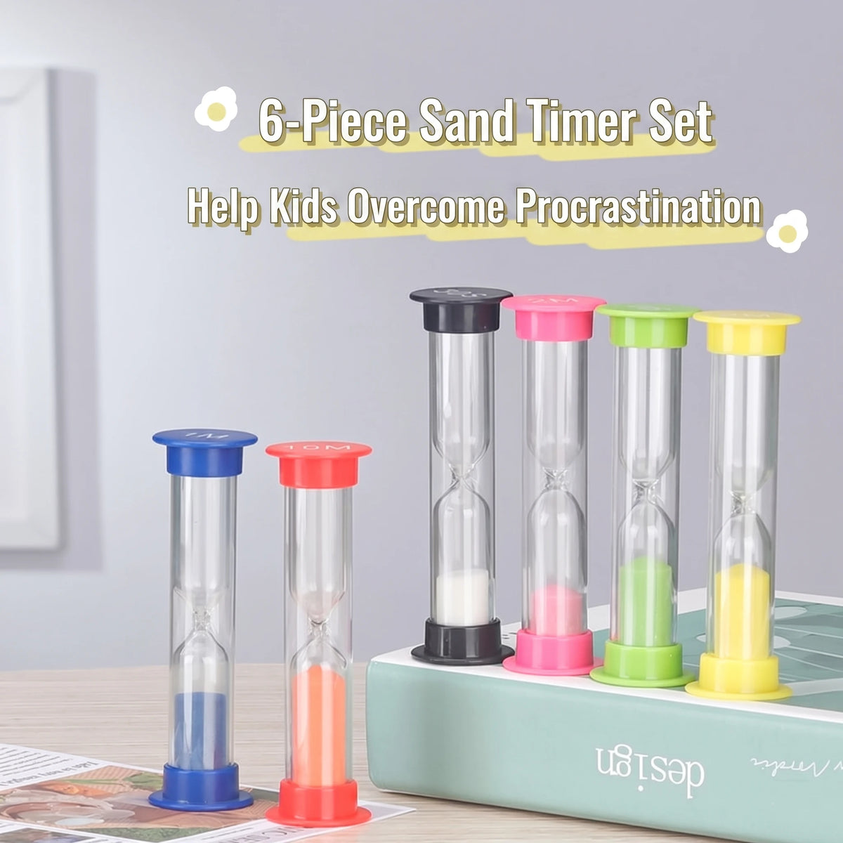 A set of six colorful hourglass sand timers used to help kids overcome procrastination.