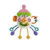 A colorful baby pull-string sensory toy featuring a silicone teether with large eyes and expressive features.