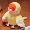 A yellow and orange parrot plush toy with bright orange feathers and pink accents.