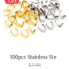 A pile of 100 pieces of stainless steel flattened chain connectors for jewelry making.