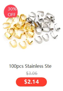 A pile of 100 pieces of stainless steel flattened chain connectors for jewelry making.