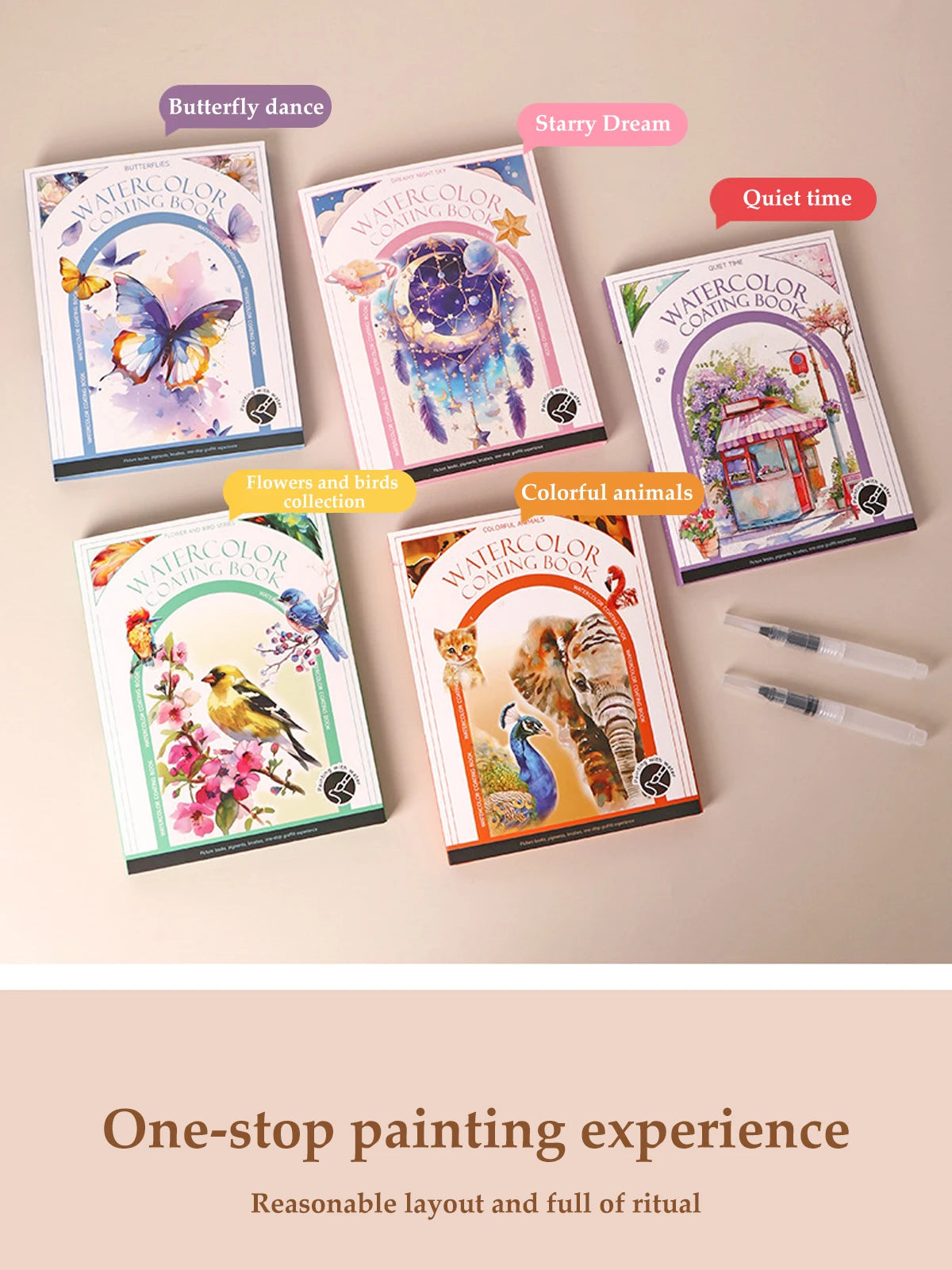 A collection of watercolor coloring books featuring butterflies, stars, flowers, and colorful animals.