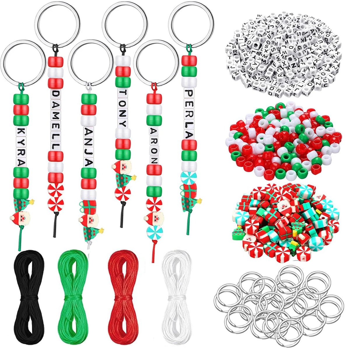 A collection of heart-shaped beaded keychains and letter charms in various colors and styles.