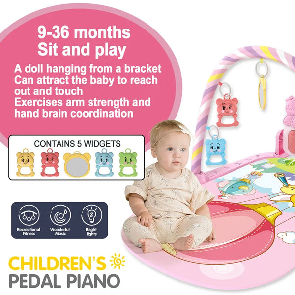 Children's pedal piano with a doll hanging from a bracket and a play mat for baby exercise