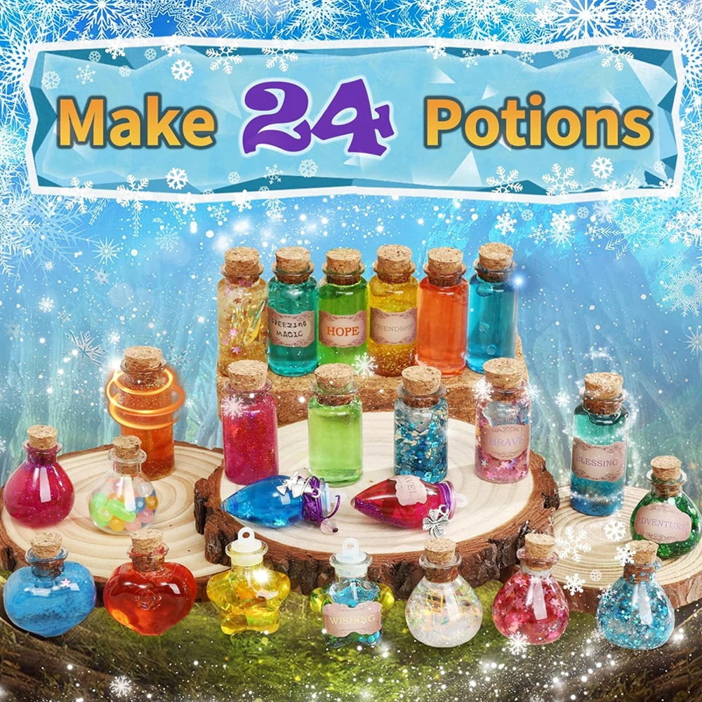 Collection de 24 potions en verre colorées dans divers flacons et bocaux, arrangées sur une surface en bois.