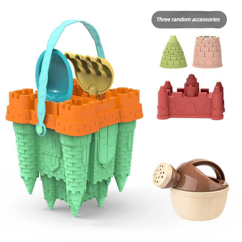 A green castle sand play set with a bucket, scoop, and three random accessories.
