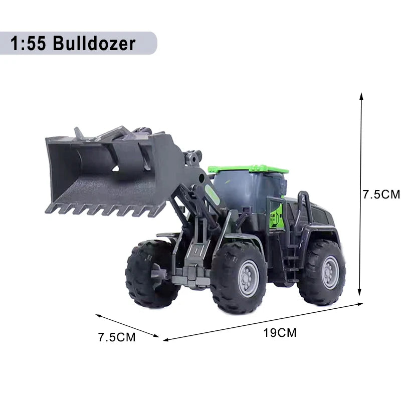 A black 1:55 scale bulldozer model with a green blade and wheels.