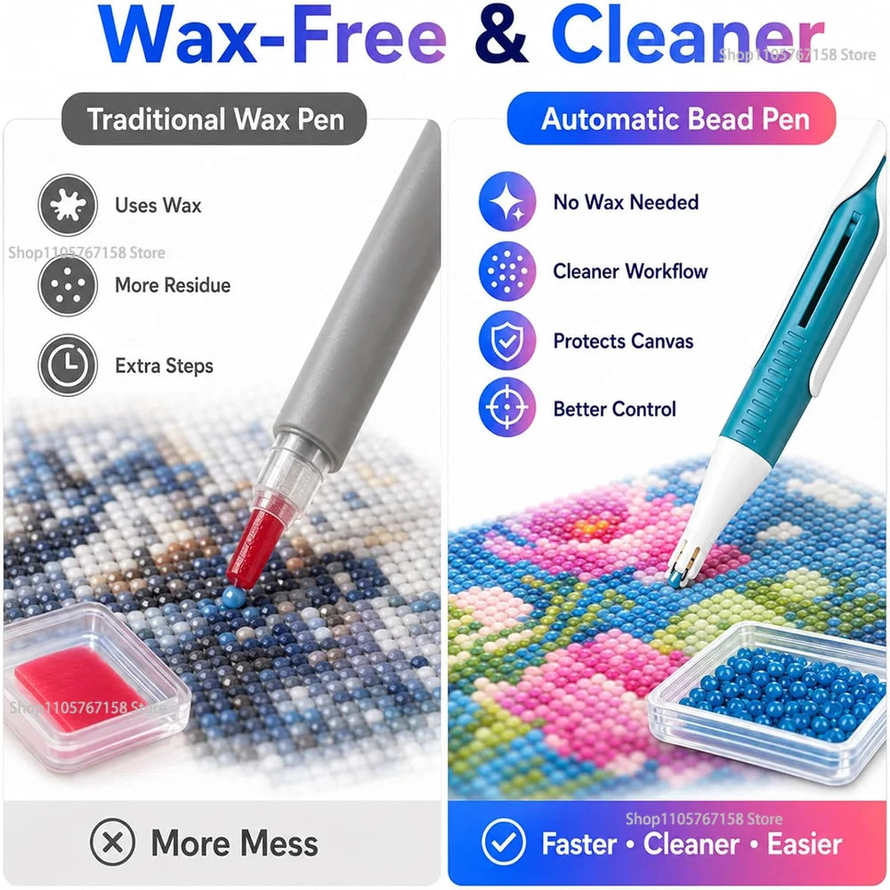 Automatic bead pen for wax-free diamond painting, showing a tool dispensing beads onto a canvas.