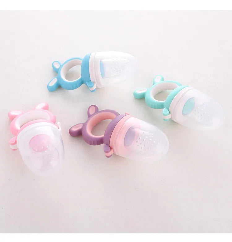 A collection of silicone baby food feeders with teethers in various pastel colors like blue, pink, and purple.