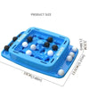 A blue strategy board game featuring four rotating pegs and various colored discs for gameplay.