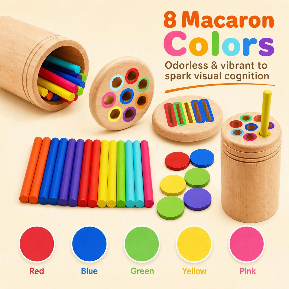 An assortment of 8 colorful wooden macarons used for visual cognition and sorting toys.