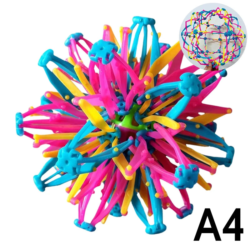 A colorful, expandable magic ball toy with bright pink, yellow, and blue strands for stress relief and breathing exercises.