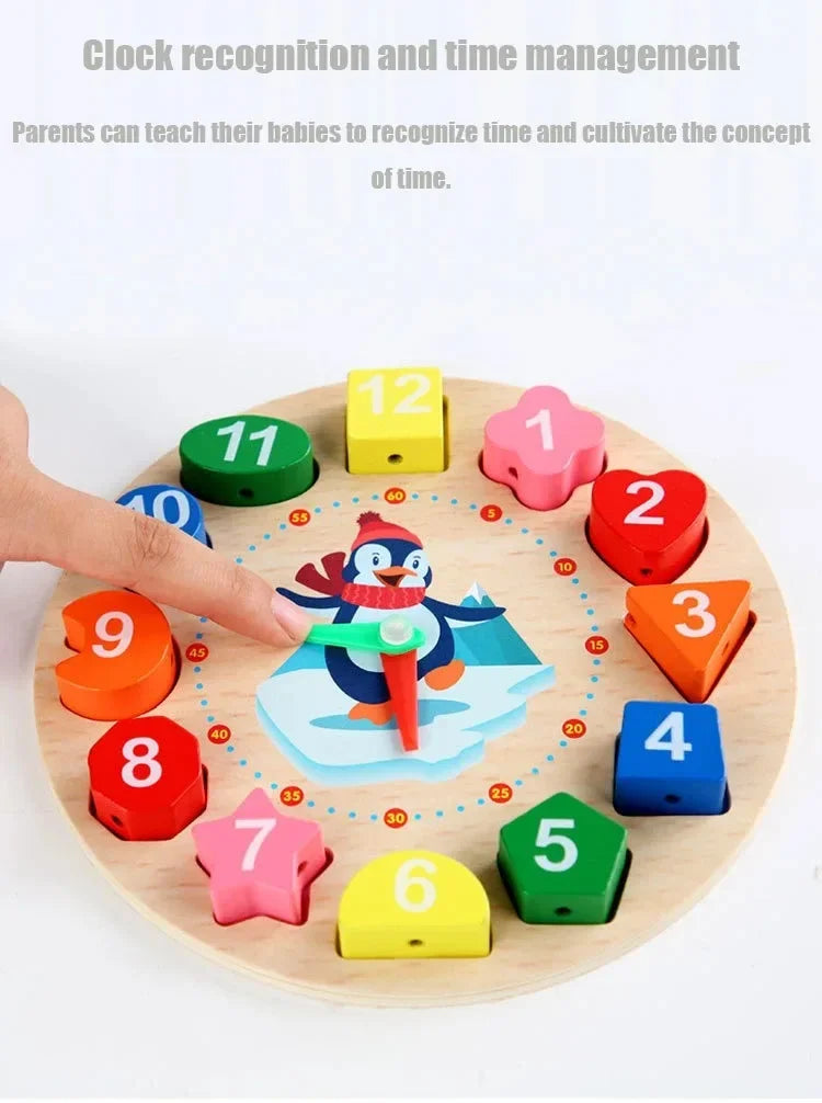 A wooden circle with numbered and shaped blocks, including numbers 1 through 12, used for clock recognition and time manageme