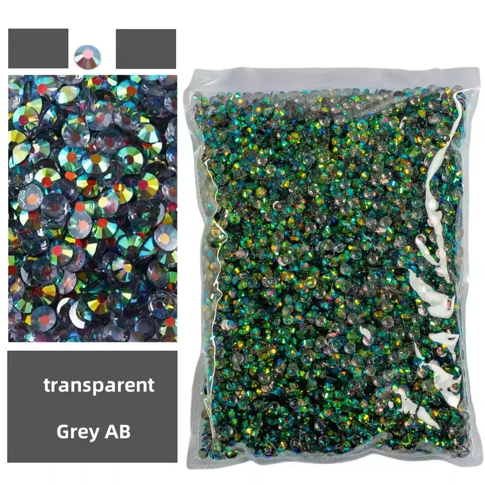 Bag of iridescent green and gold AB-coated flat back resin rhinestones for crafts