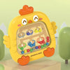 A yellow, bird-shaped magnetic bead puzzle board with numbered and colored pegs for toddlers.