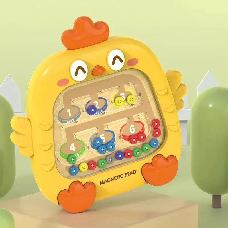 A yellow, bird-shaped magnetic bead puzzle board with numbered and colored pegs for toddlers.