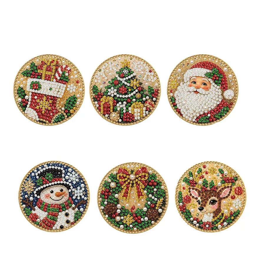 A set of four diamond painting ornaments featuring Santa Claus, a Christmas tree, a snowman, and a reindeer.
