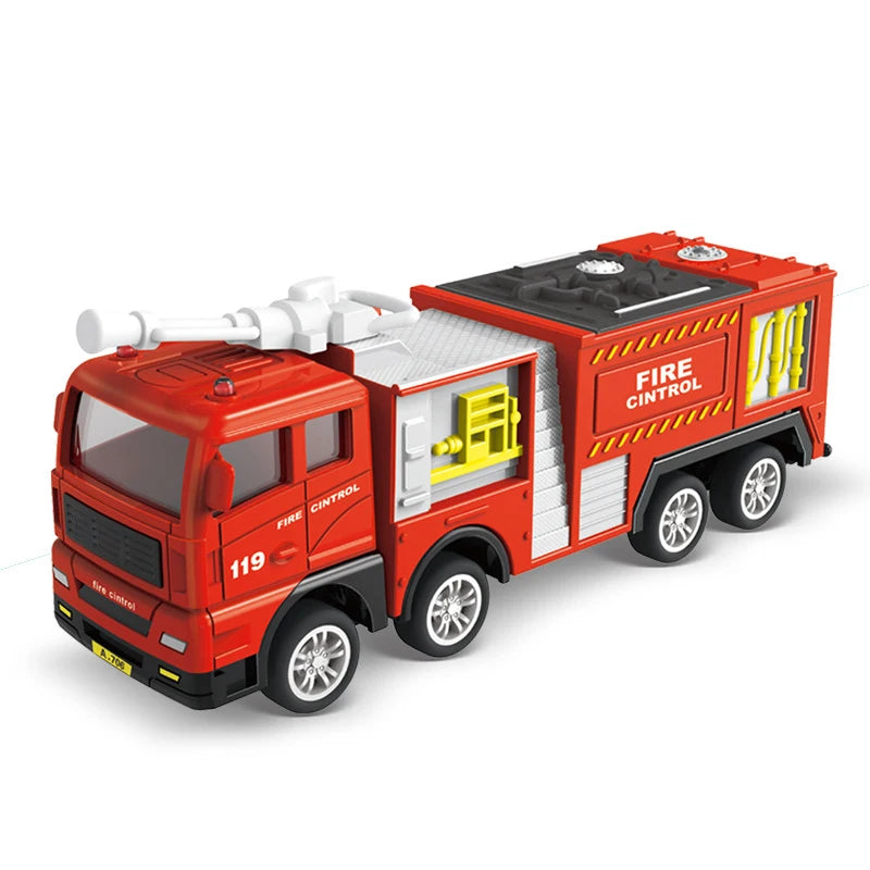 A red diecast fire truck toy with a ladder and water cannon, numbered 119.