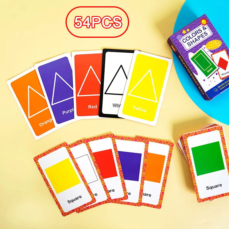 A set of 54 colorful and shaped flash cards for Montessori educational learning.