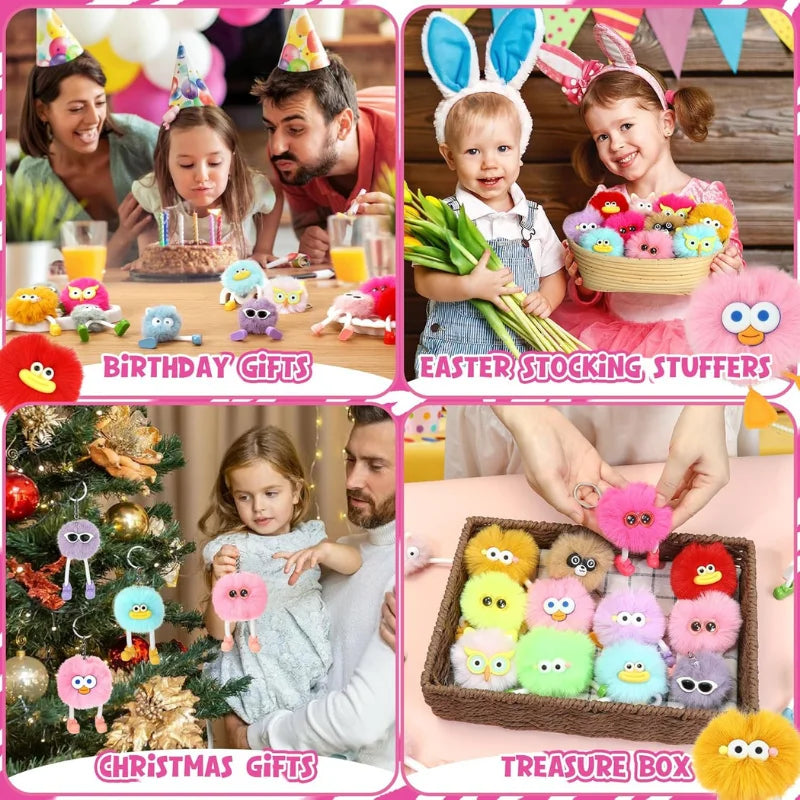 A collection of adorable plush animal keychains in various styles and colors for birthday gifts, Easter stocking stuffers, Ch