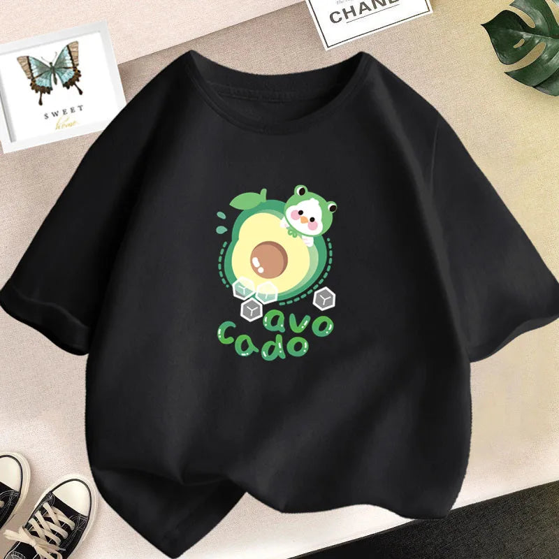 Black t-shirt featuring a cute avocado and lemon graphic design for girls