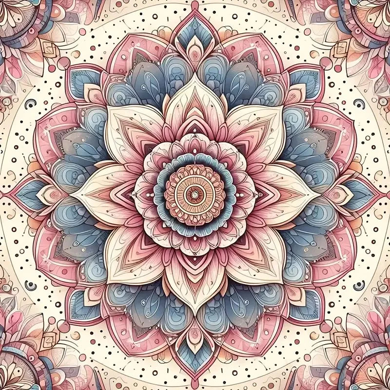 A detailed, colorful mandala abstract canvas art design featuring pink, blue, and cream tones.
