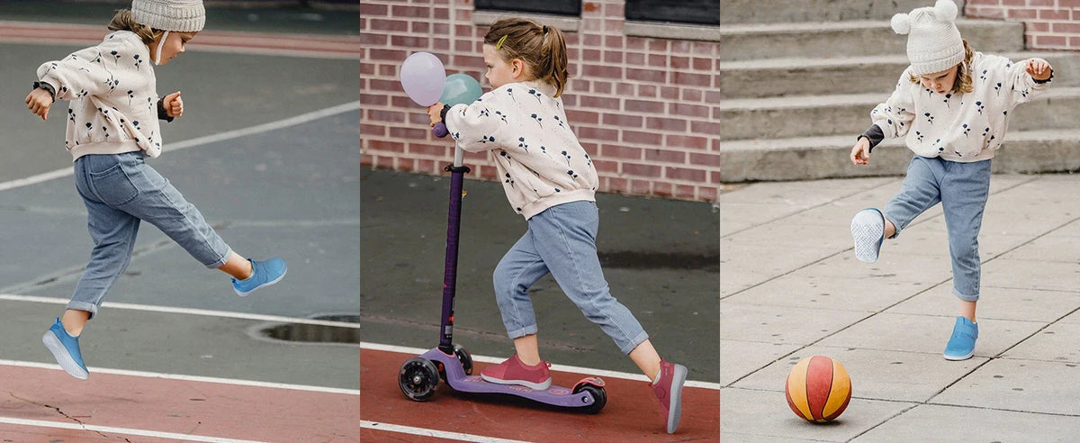 A young girl wearing minimalist barefoot sneakers is running outdoors with a balloon.