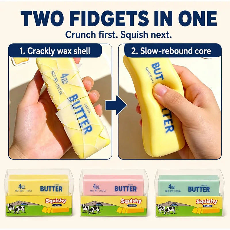 Two yellow putty fidgets are shown, demonstrating a crackly wax shell and slow-rebound core.