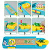 A mini frog bowling game set featuring a blue lane and yellow bowling pins with various accessories.