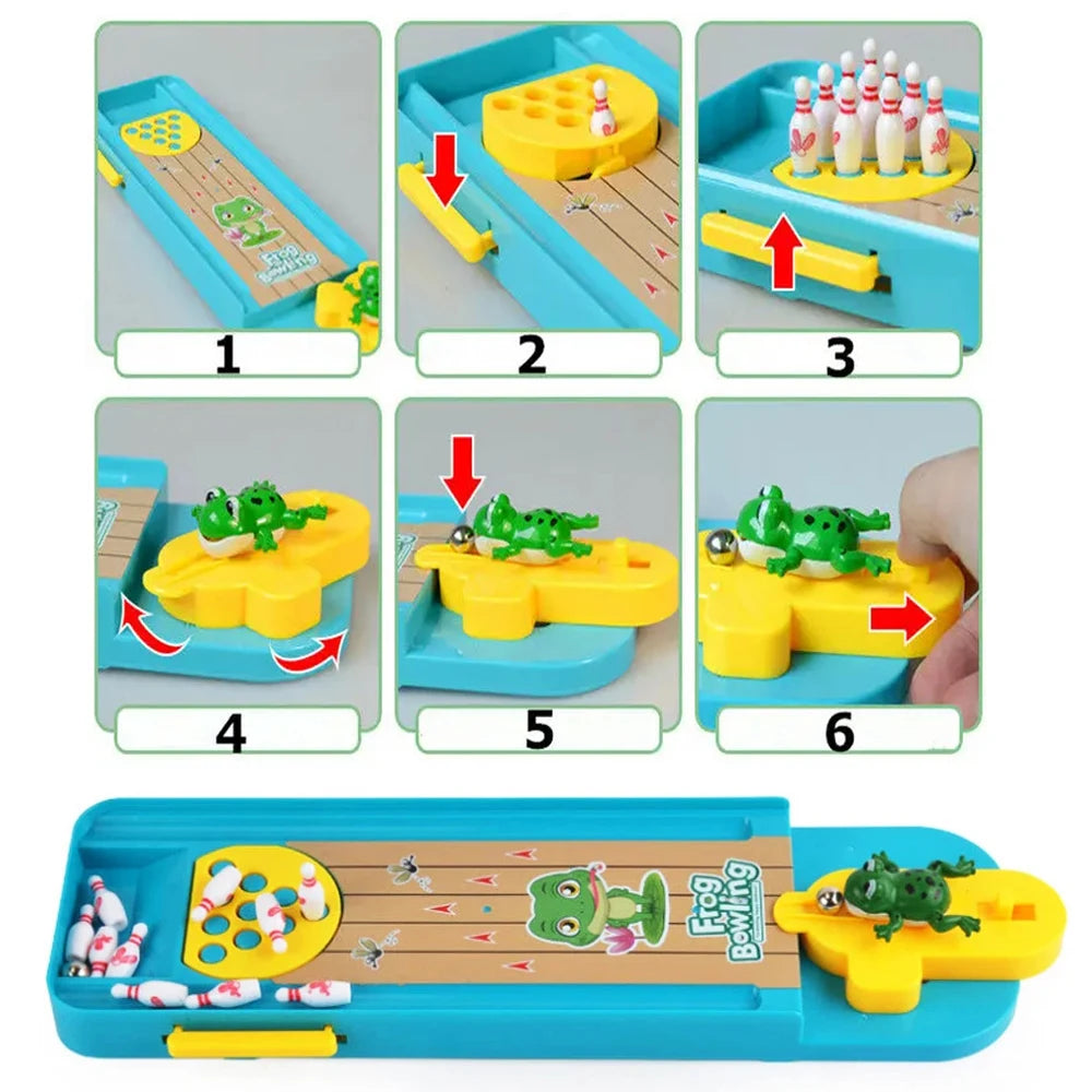 A mini frog bowling game set featuring a blue lane and yellow bowling pins with various accessories.