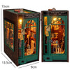 A wooden DIY book nook kit featuring a detailed scene with warm LED lighting and an arched window display.