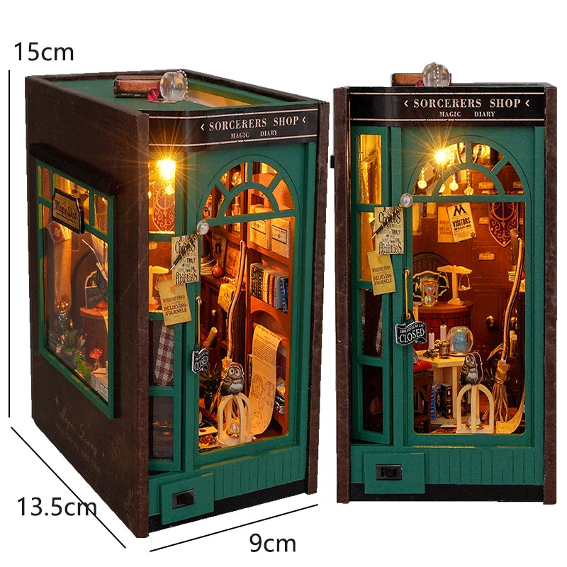A wooden DIY book nook kit featuring a detailed scene with warm LED lighting and an arched window display.